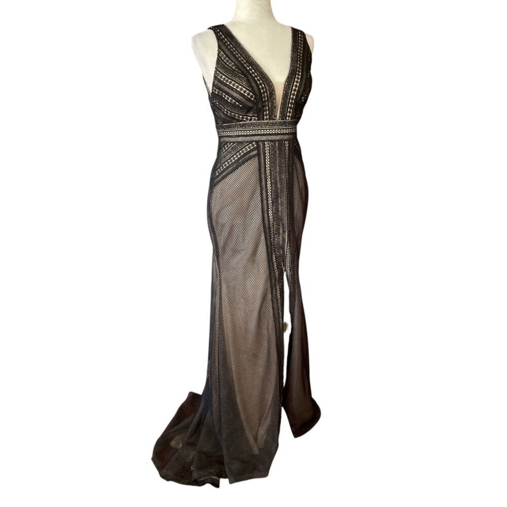 Alyce Black Lace Formal Prom Gown SZ 8 Goth Regency Long Train - Picture 5 of 14